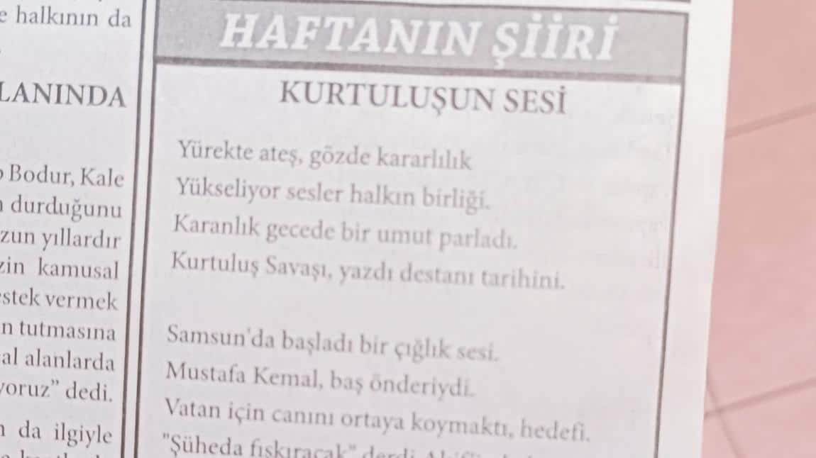 Öğrencilerimizden Fatma Ece Sarı' nın Şiiri Çandan Haber Gazetesinde Haftanın Şiiri Oldu.