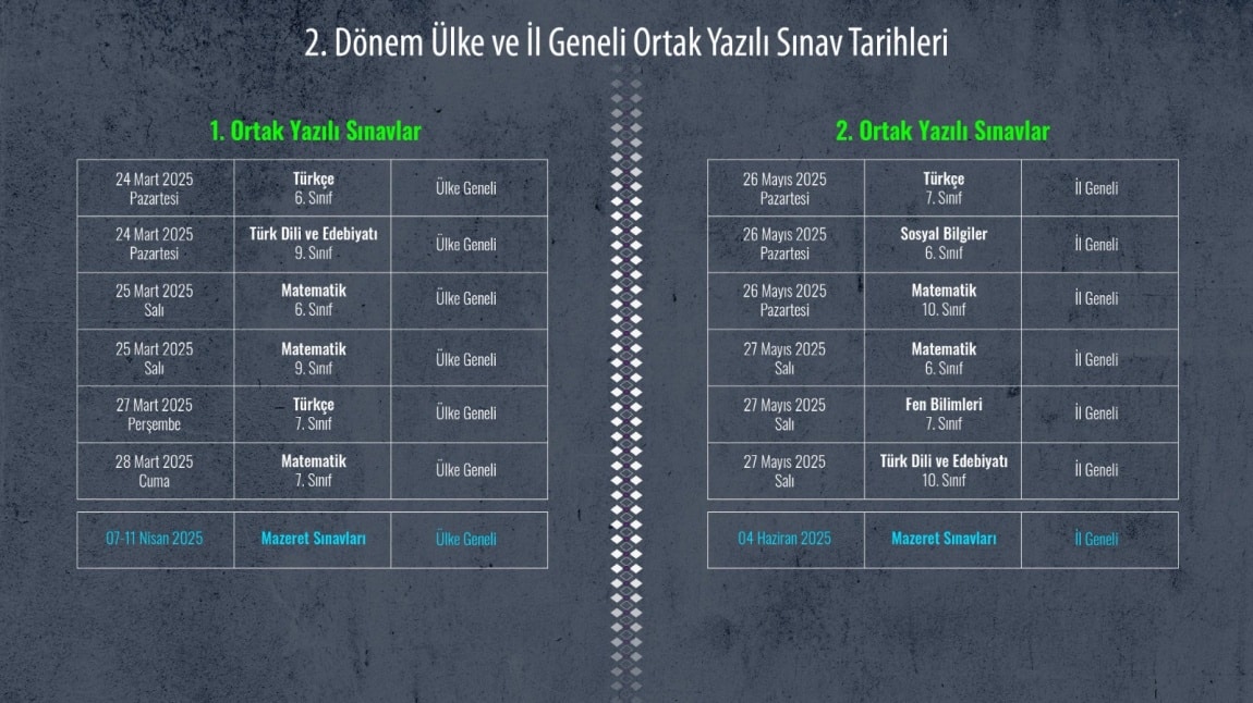 2024-2025 Eğitim Öğretim Yılı 2. Dönem Ülke Geneli Sınav Tarihleri 